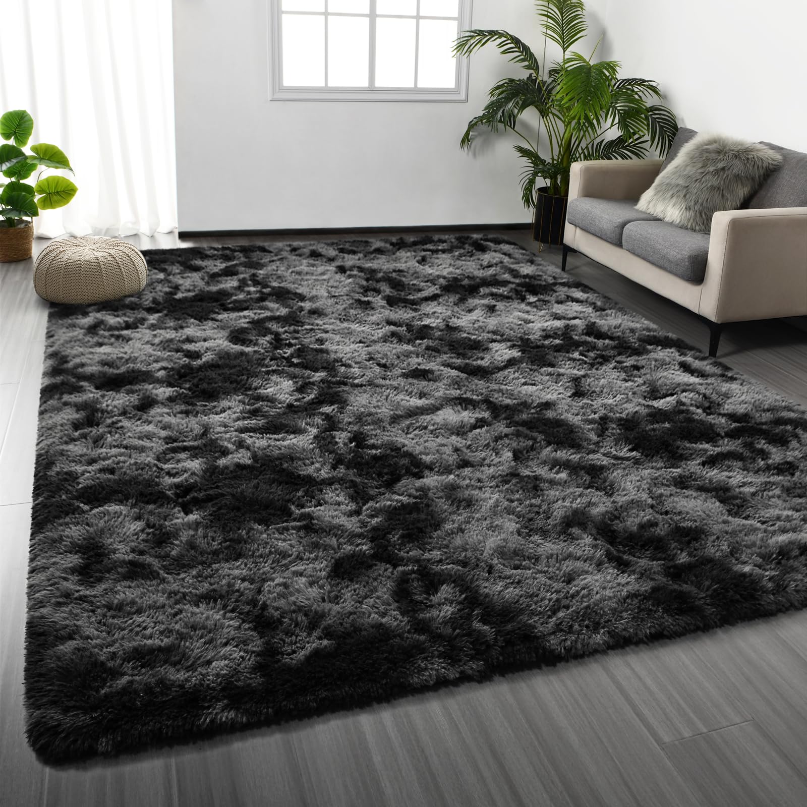Deerhoo front view of dark grey shag rug showing plush texture and modern style