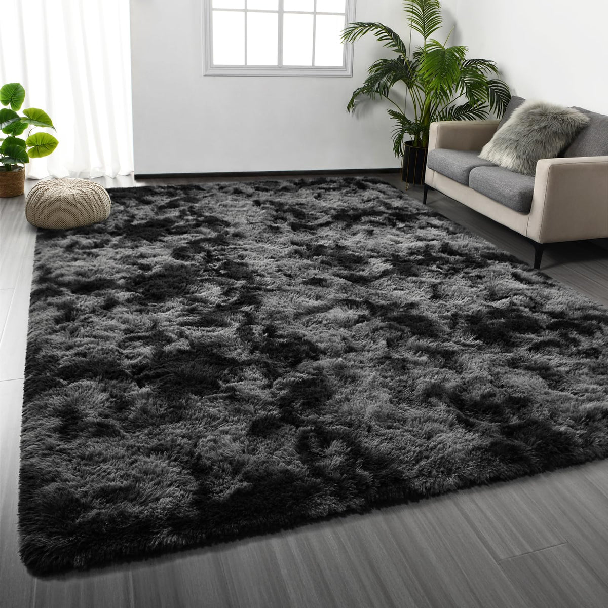 Deerhoo front view of dark grey shag rug showing plush texture and modern style