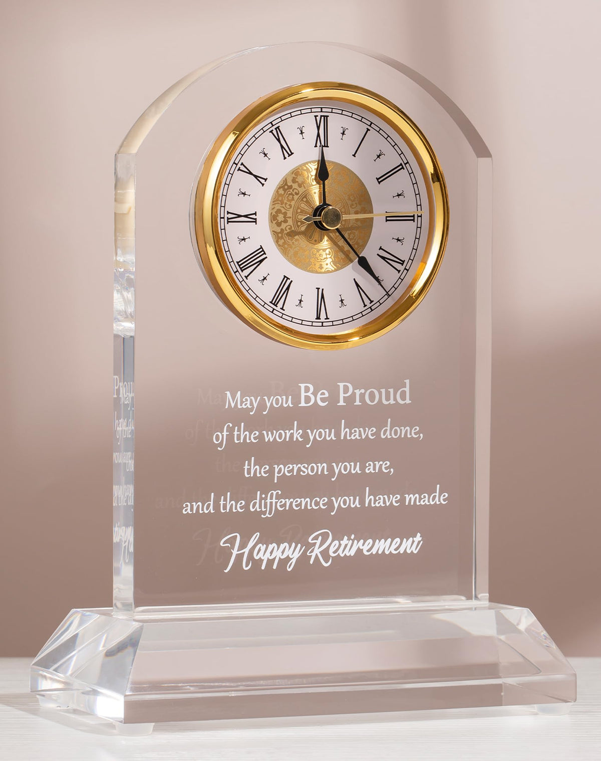 DEEWISH front view acrylic clock plaque showing elegant transparency and keepsake appeal