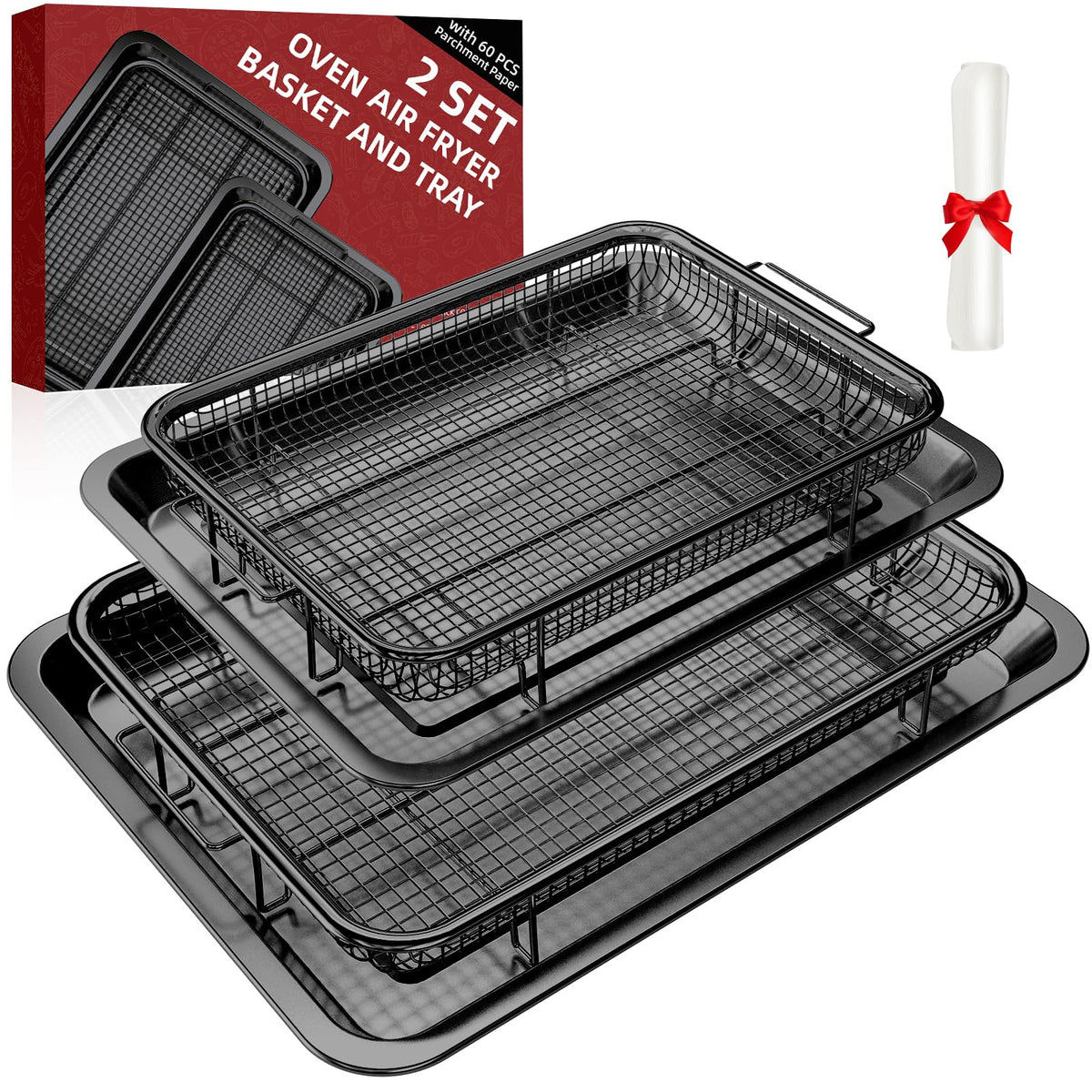 DEGOVIN front view of complete 6-piece set showing all baskets and trays for fast cooking