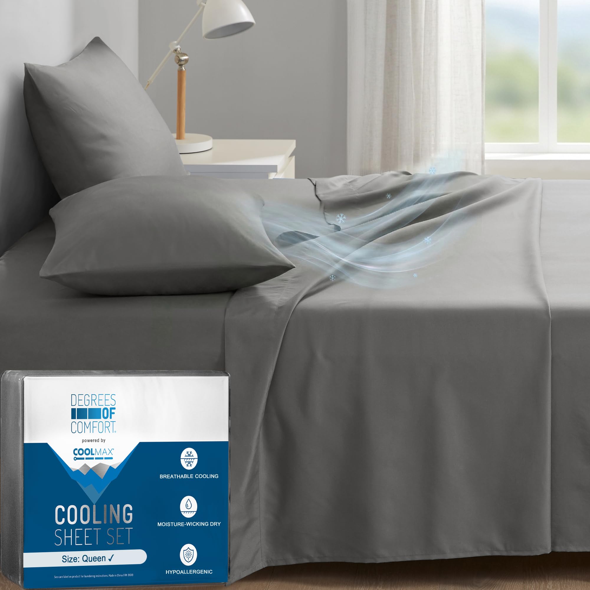 Degrees of Comfort front packaging showing queen grey sheet set and benefits