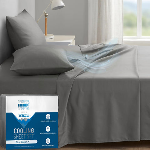 Degrees of Comfort front packaging showing queen grey sheet set and benefits