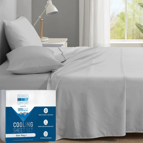 Degrees of Comfort front packaging showing king light grey set with benefit of cooling