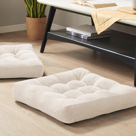 Degrees of Comfort front view showing two square floor pillows and their soft corduroy cover, comfortable seating