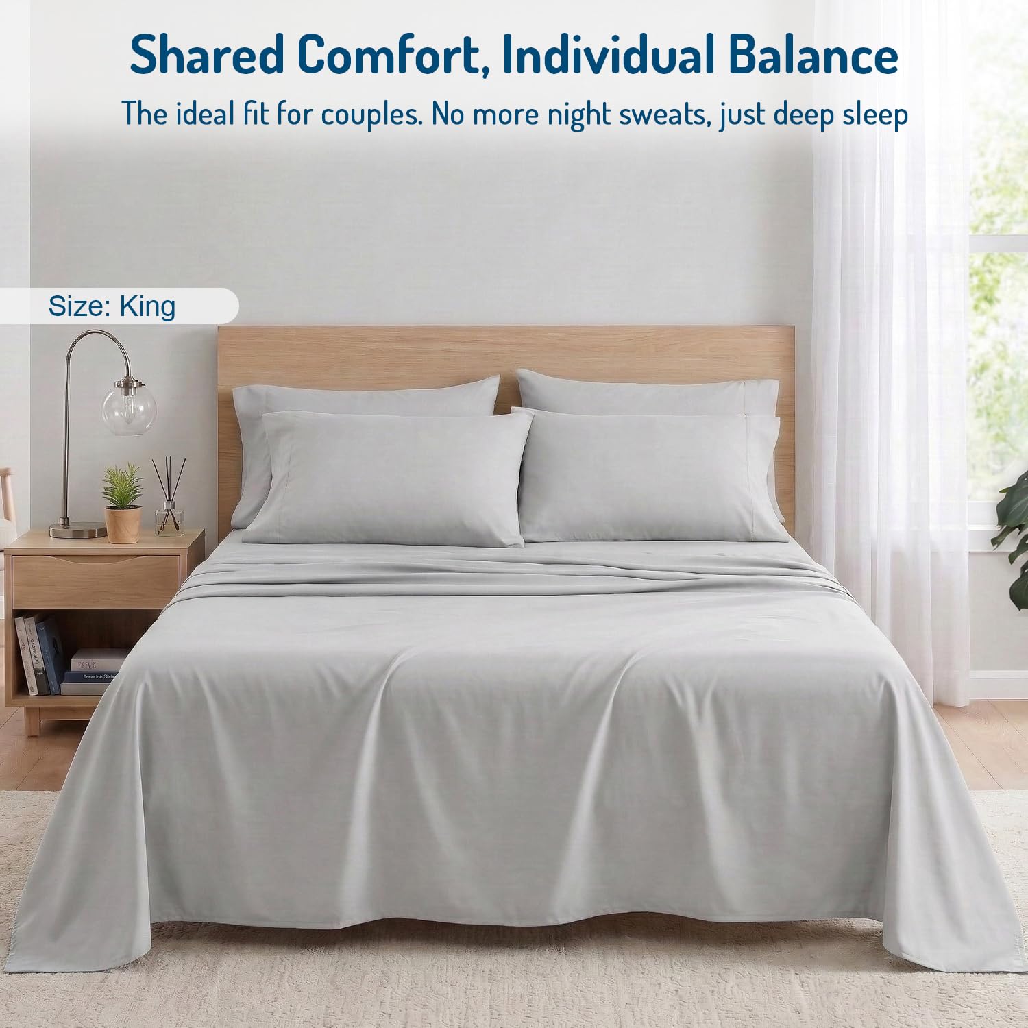 Degrees of Comfort king sheets on bed in bedroom illustrating cool, stylish sleep setting