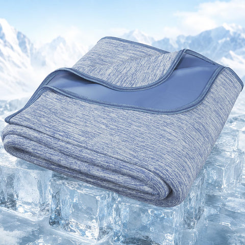 Degrees of Comfort front view of blue queen blanket showing full coverage and cool look