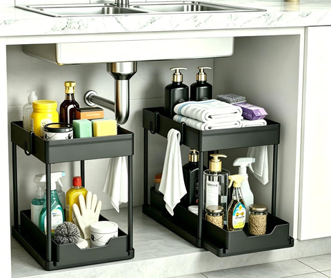 DEKAVA front assembled organizer showing neat under-sink storage and improved accessibility