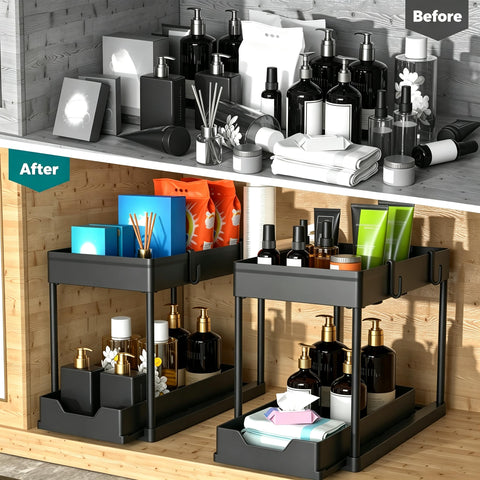 DEKAVA installed under sink around plumbing keeping cleaning supplies organized and accessible