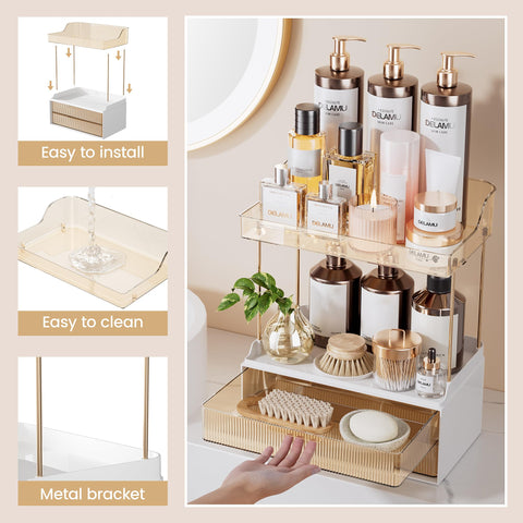 Delamu on bathroom vanity in use providing polished decor and organized routine