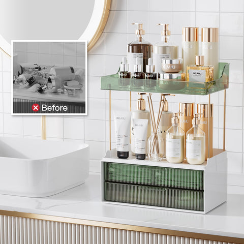 Delamu on a bathroom vanity styling space and decluttering benefit