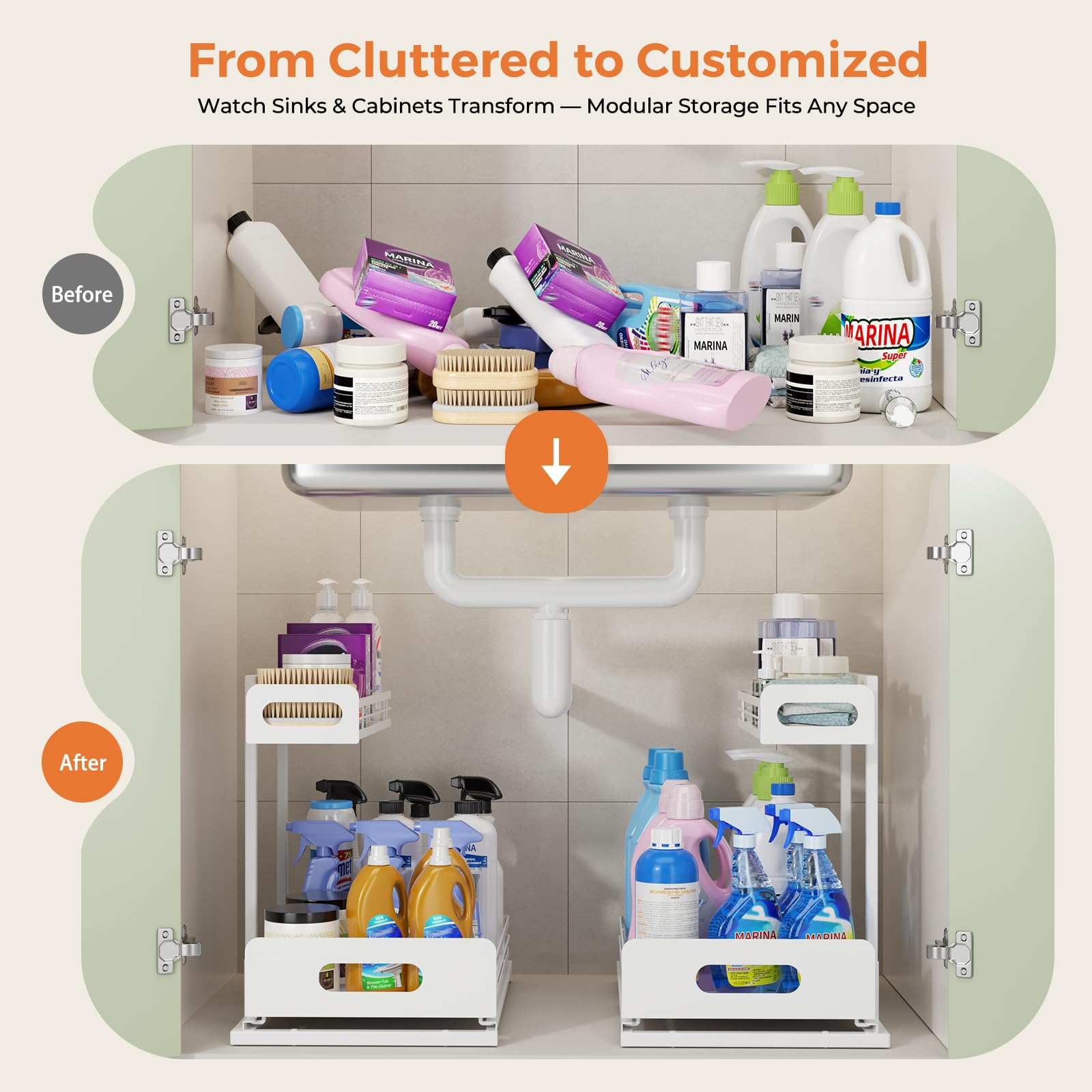 Delamu in bathroom vanity showing tidy toiletries and quick access benefit