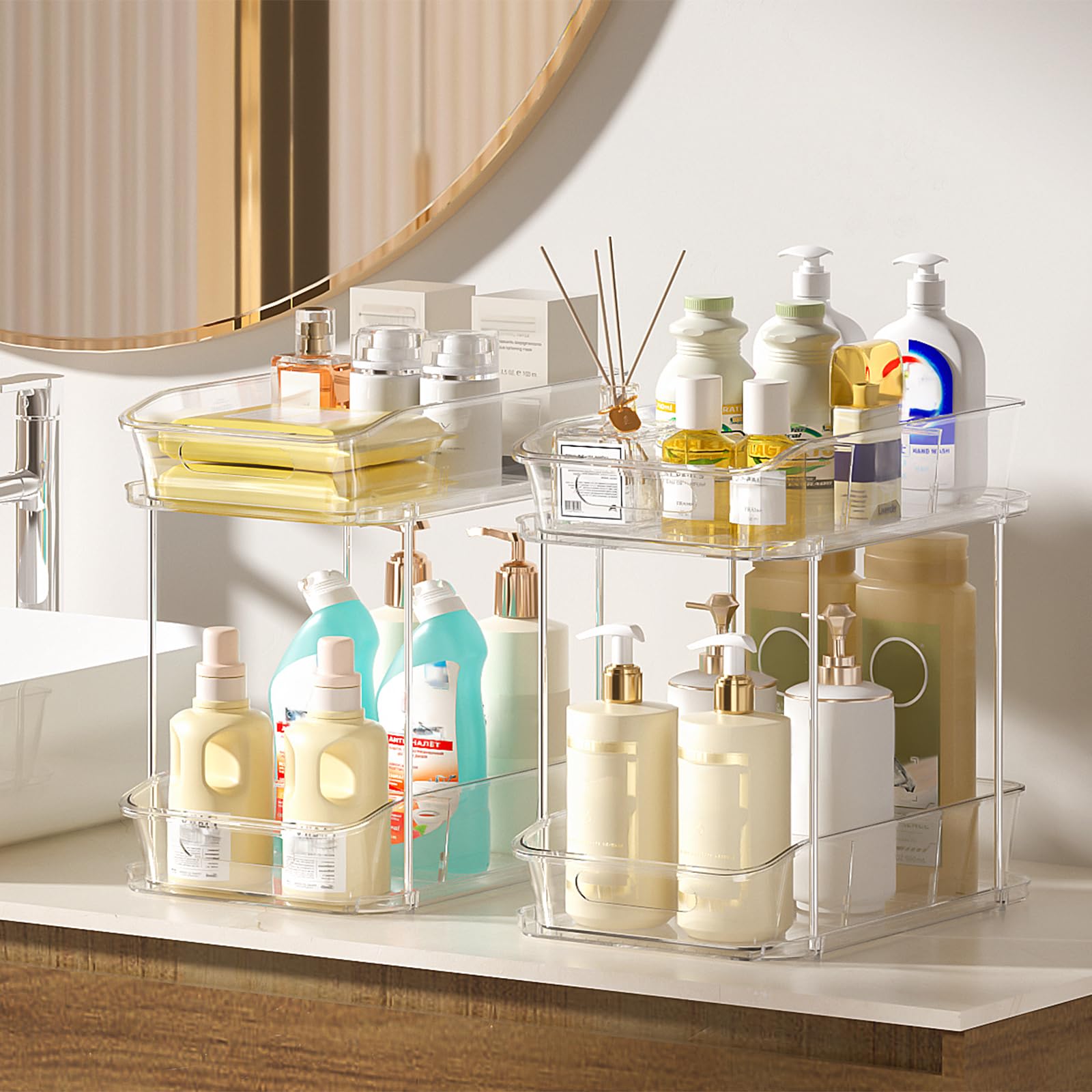 Delamu arranged in bathroom vanity organizing skincare for quick selection