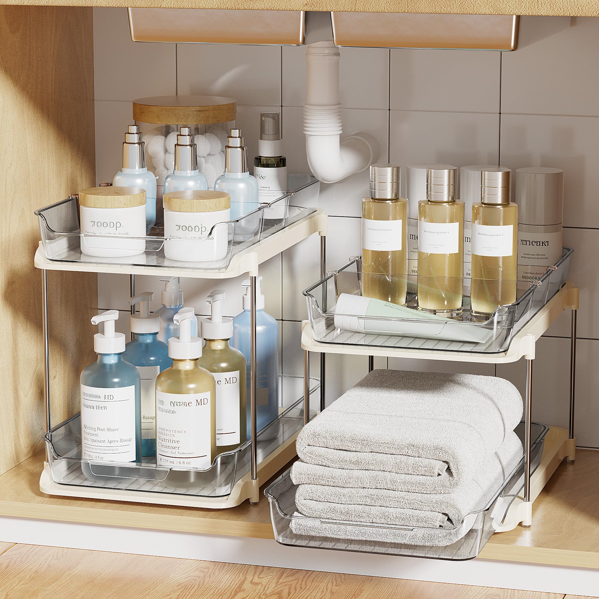 Delamu on bathroom countertop organizing skincare and toiletries for quick reach