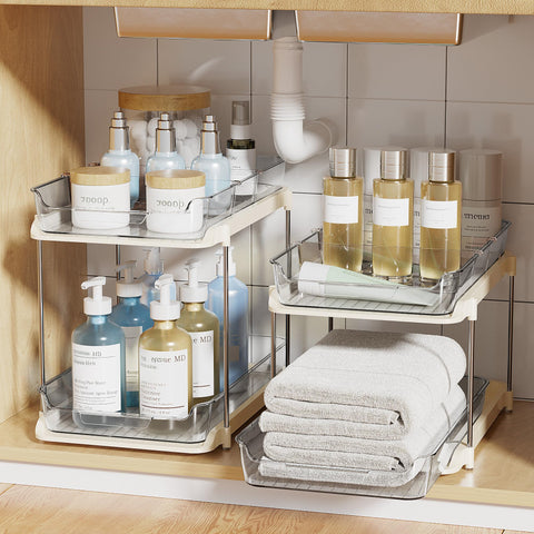 Delamu on bathroom countertop organizing skincare and toiletries for quick reach