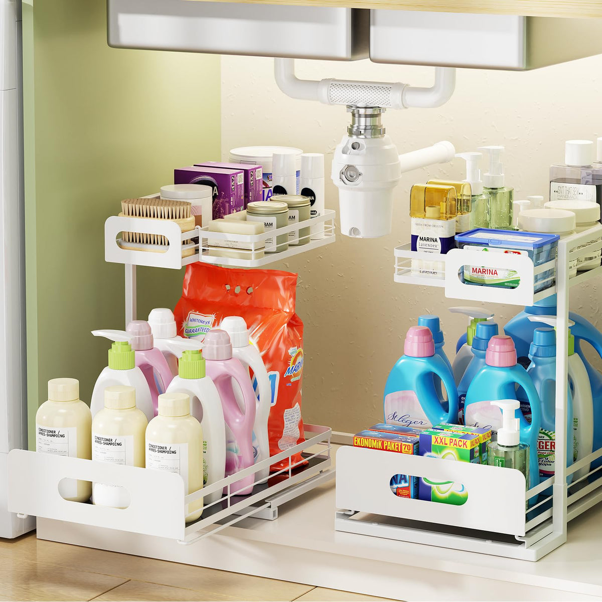Delamu front view showing assembled two-tier organizer improving cabinet access