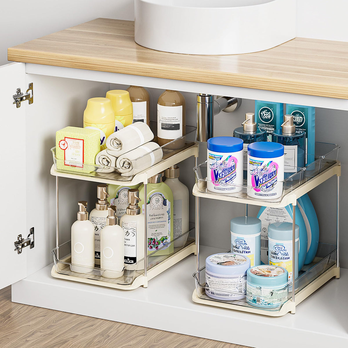Delamu front view of two-pack organizer showing drawers and rods for tidy storage