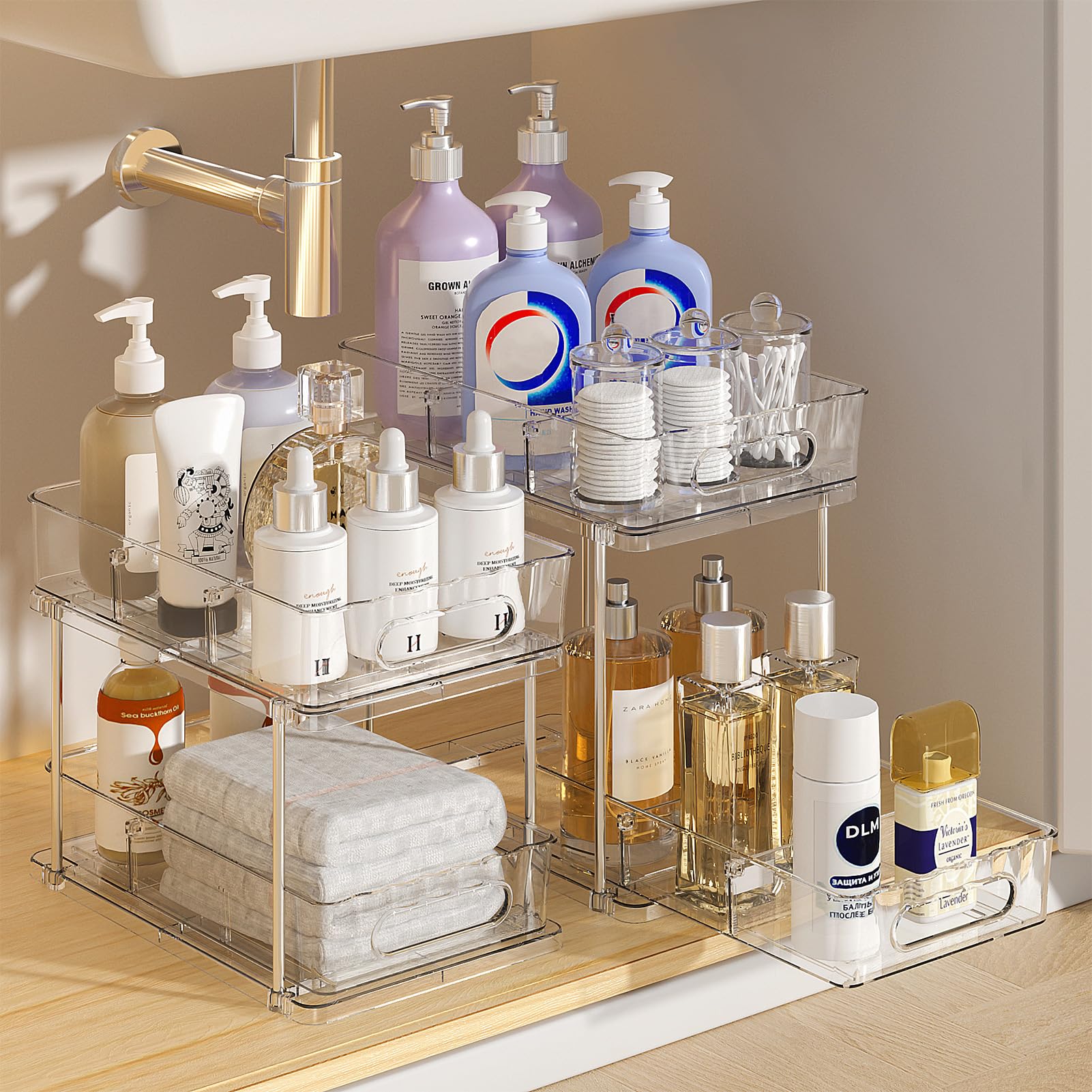 Delamu front packaging showing two clear pull-out organizers and benefits of visibility