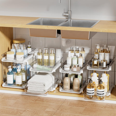 Delamu front view of clear 2-tier organizer showing neat storage benefit