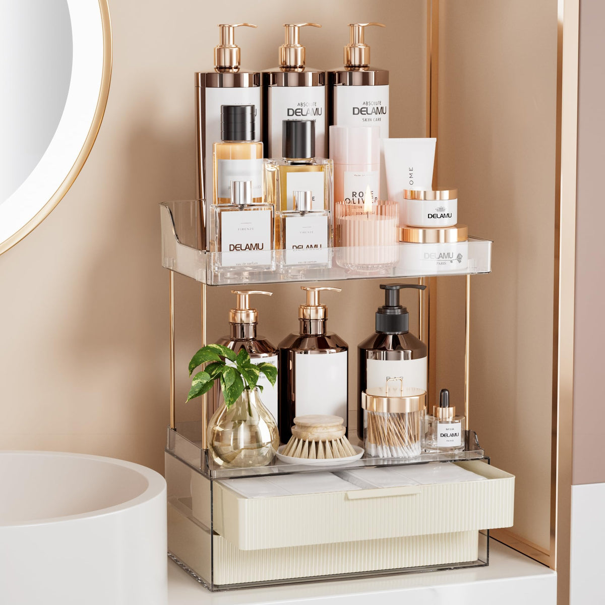 Delamu front view of cream white organizer showing tidy countertop storage benefit