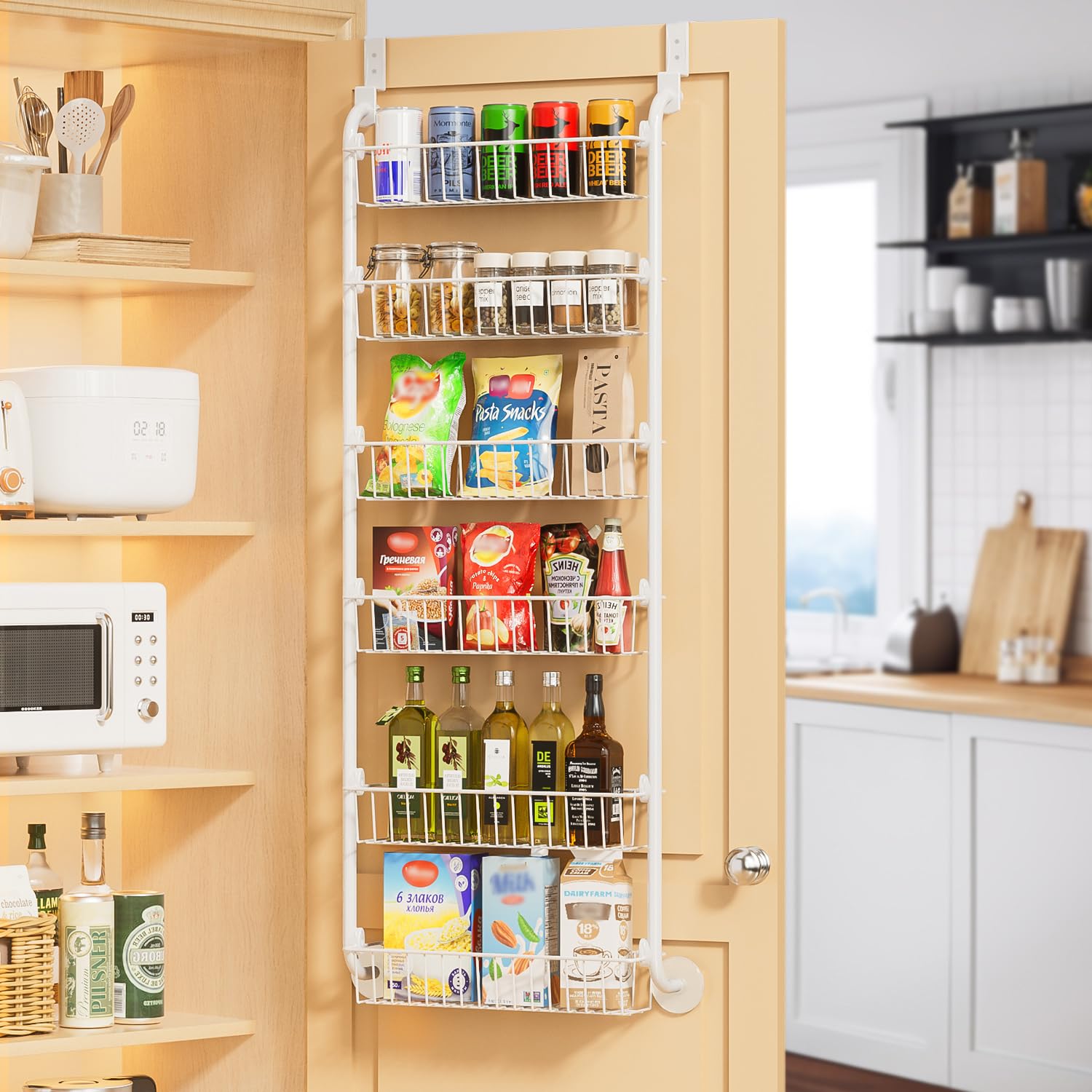 Delamu front view of pantry organizer showing six tiers and space savings