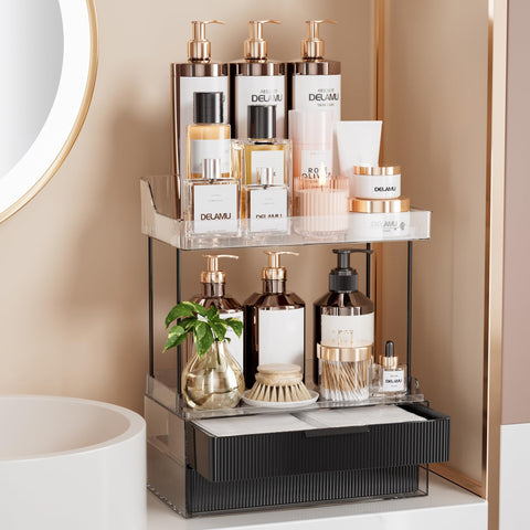 Delamu front view of organizer showing neat bottles and cosmetics for tidy counters