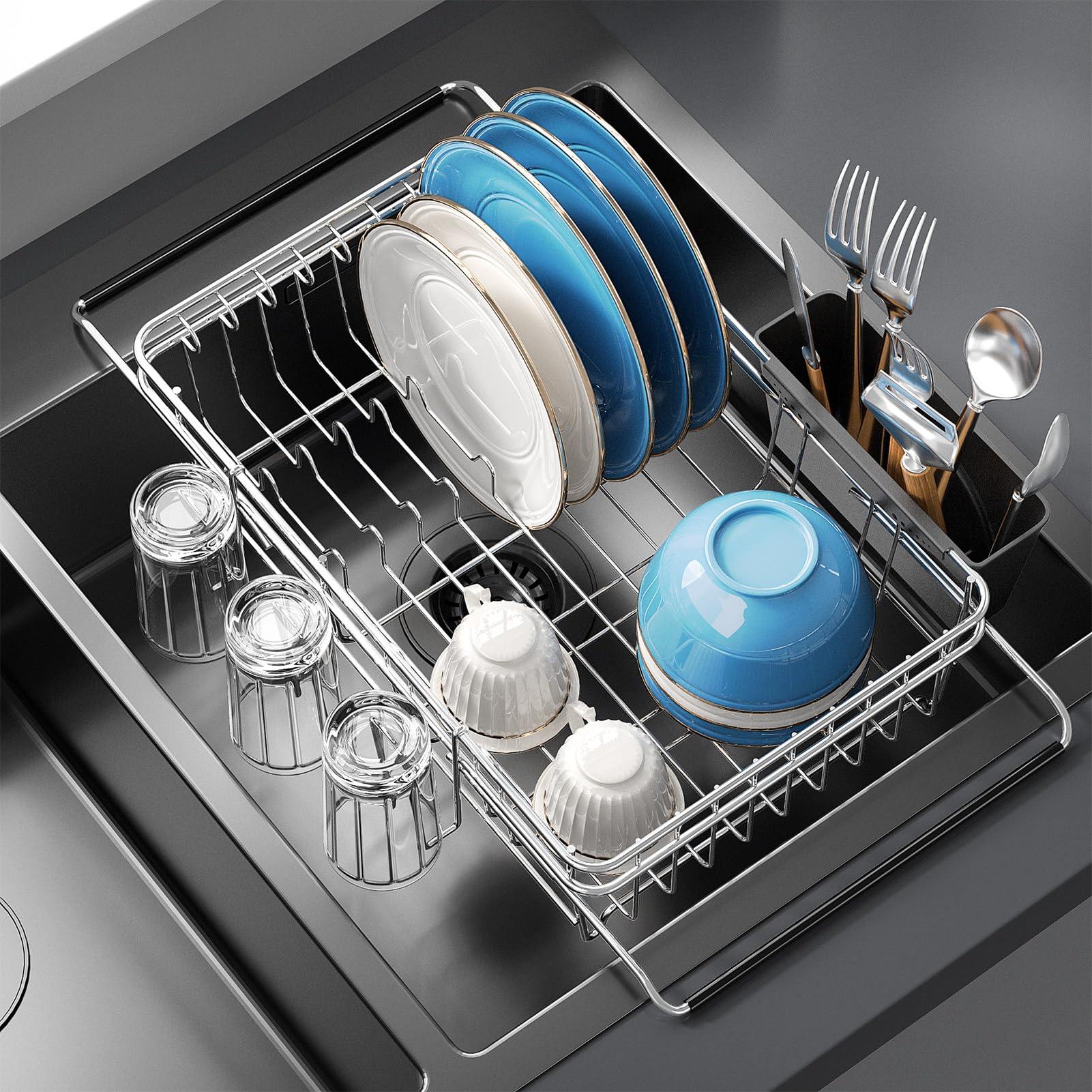 Delamu front view over sink rack showing space-saving benefit