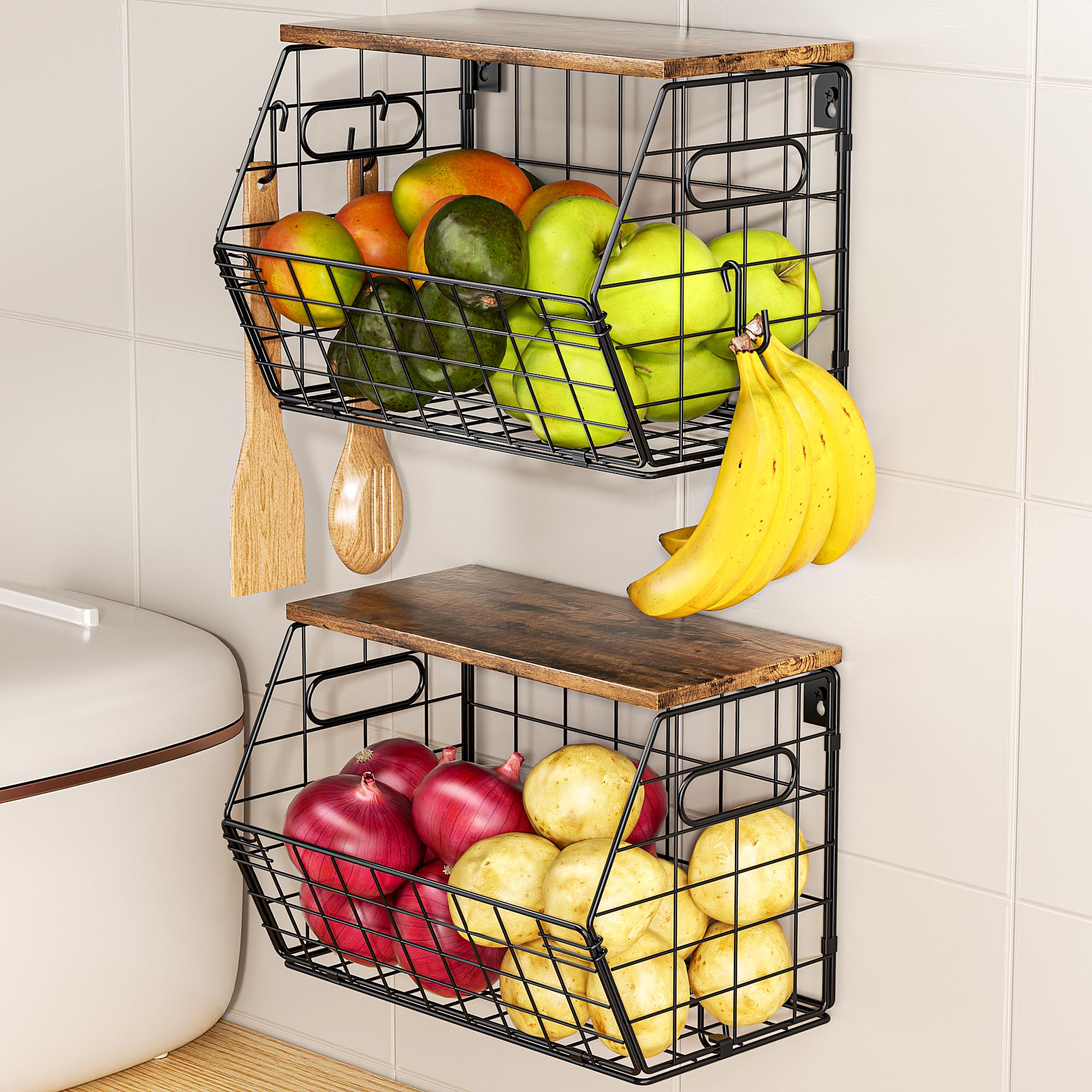 Delamu front view showing both baskets and bamboo lid, highlighting compact organization