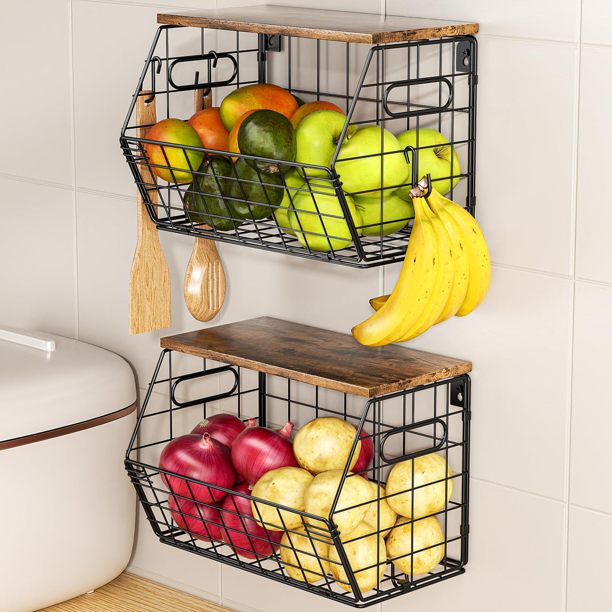 Delamu front view showing both baskets and bamboo lid, highlighting compact organization