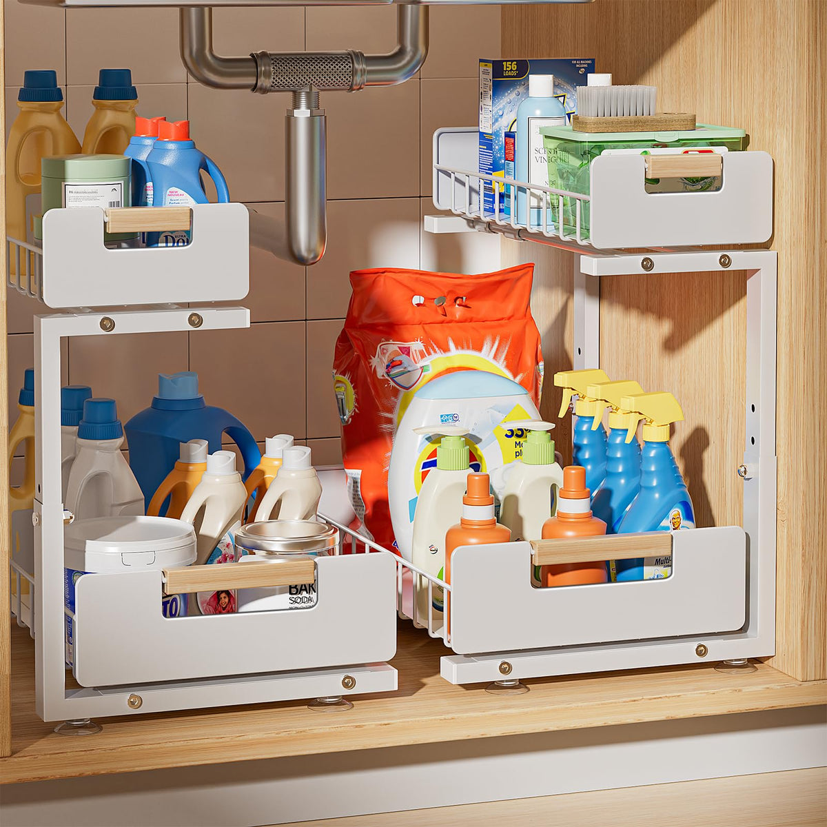 Delamu front view of 2-tier pull-out organizer showing full unit and brand benefits