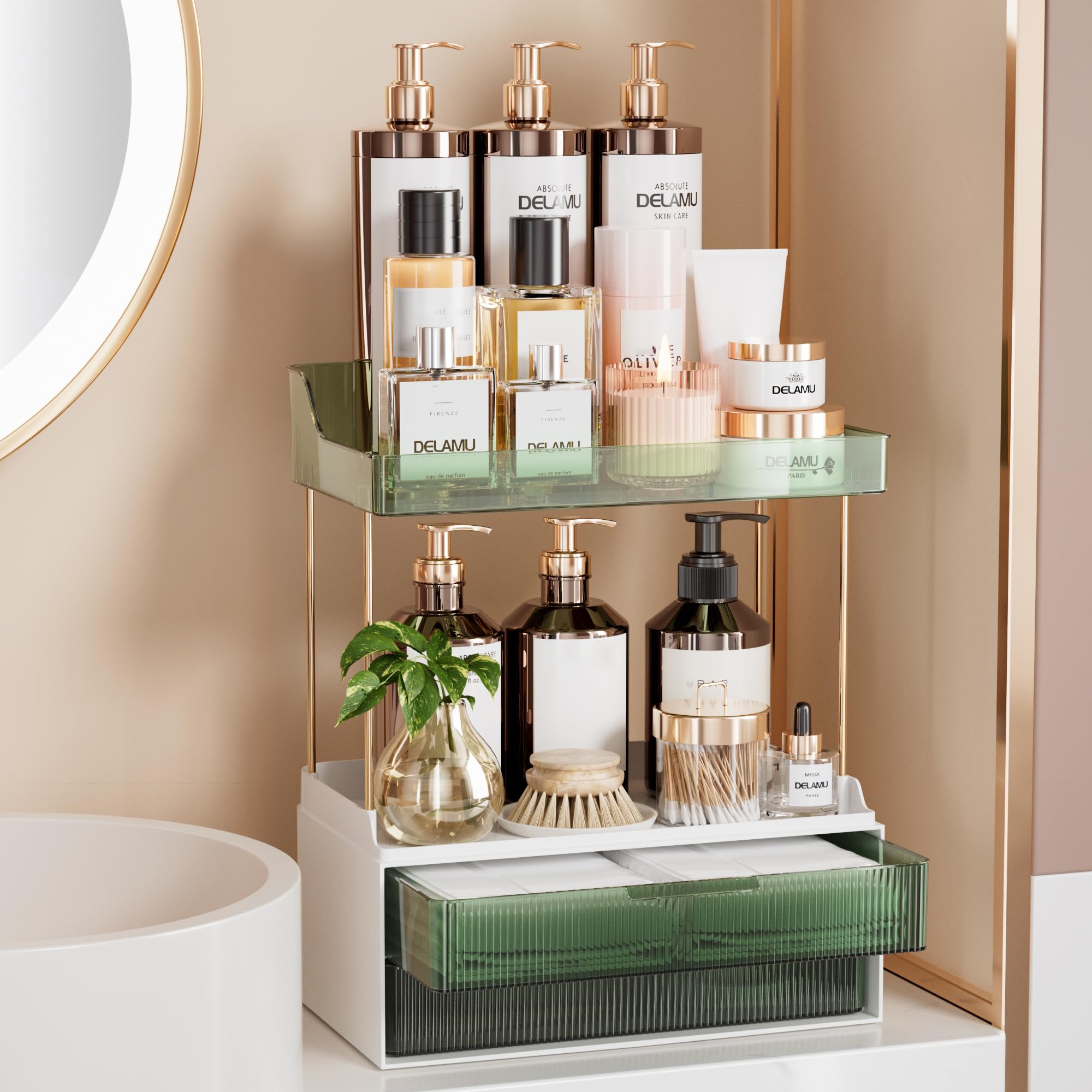 Delamu front view showing full organizer and tidy countertop benefit