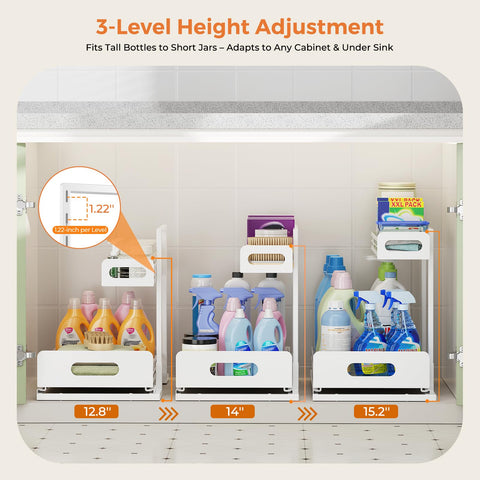 Delamu shelf adjusted to different heights showing versatile storage benefit