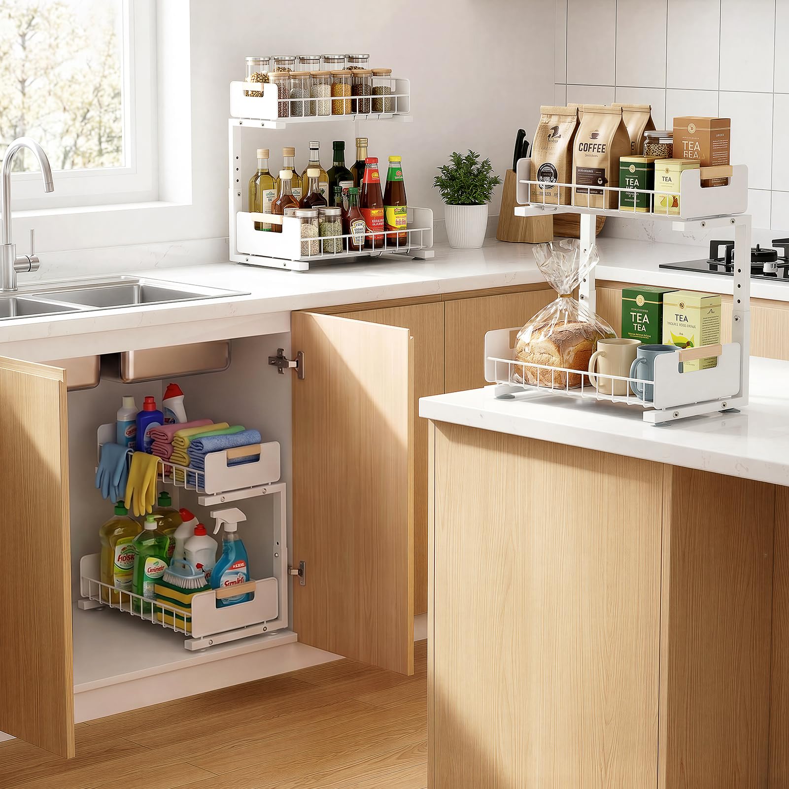 Delamu shelves loaded with cleaners and bottles for convenient retrieval