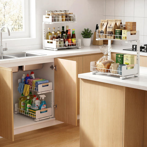 Delamu shelves loaded with cleaners and bottles for convenient retrieval