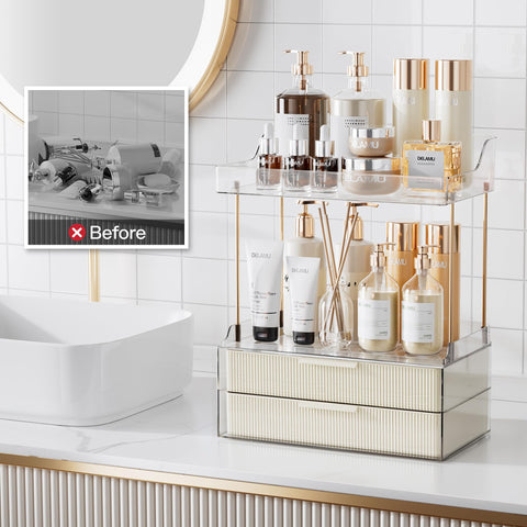 Delamu organizer staged in bathroom creating a styled, decluttered vanity benefit