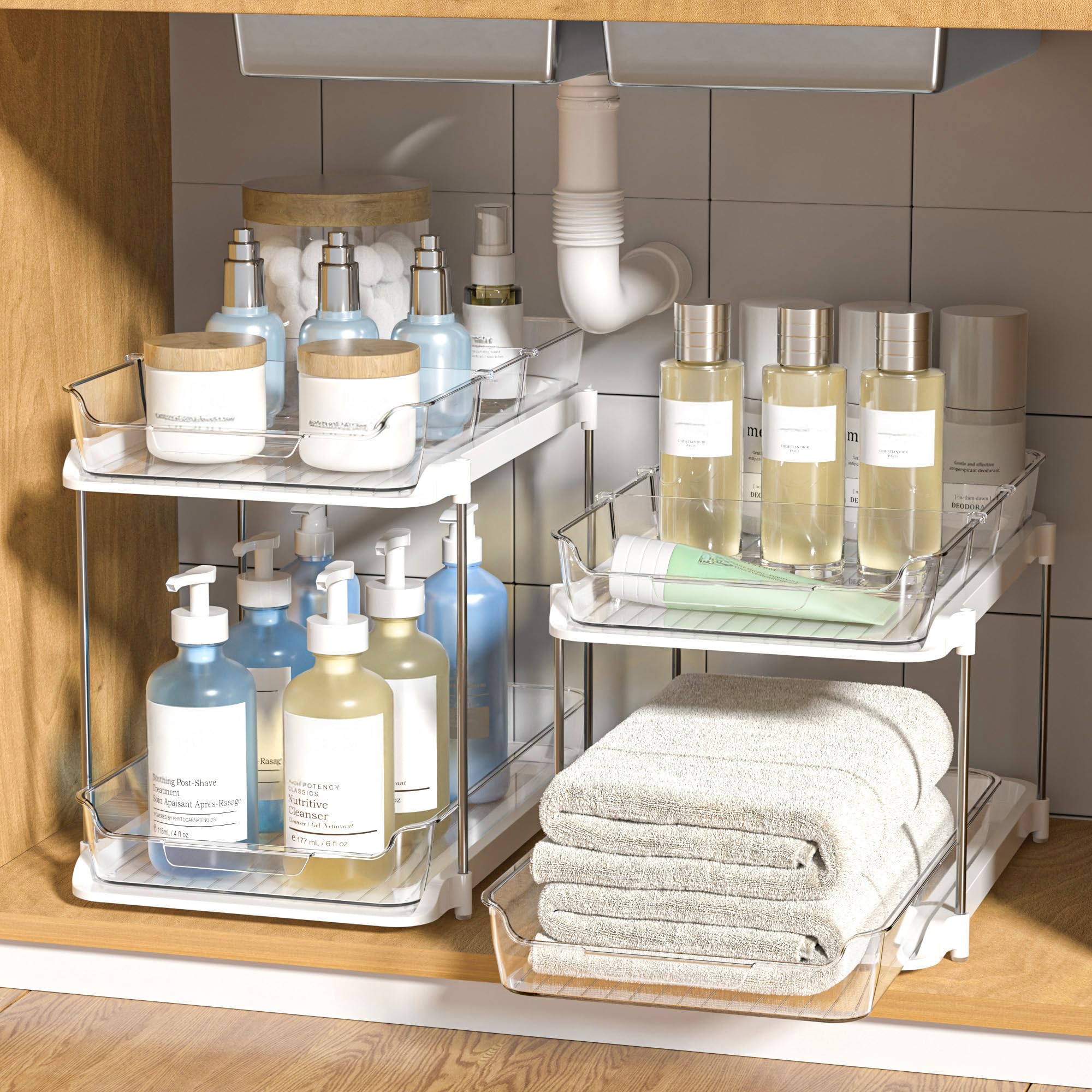 Delamu under-sink setup showing organized cleaning supplies