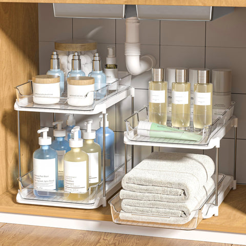 Delamu under-sink setup showing organized cleaning supplies