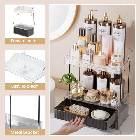 Delamu on bathroom vanity styled scene showing elegant, clutter-free storage