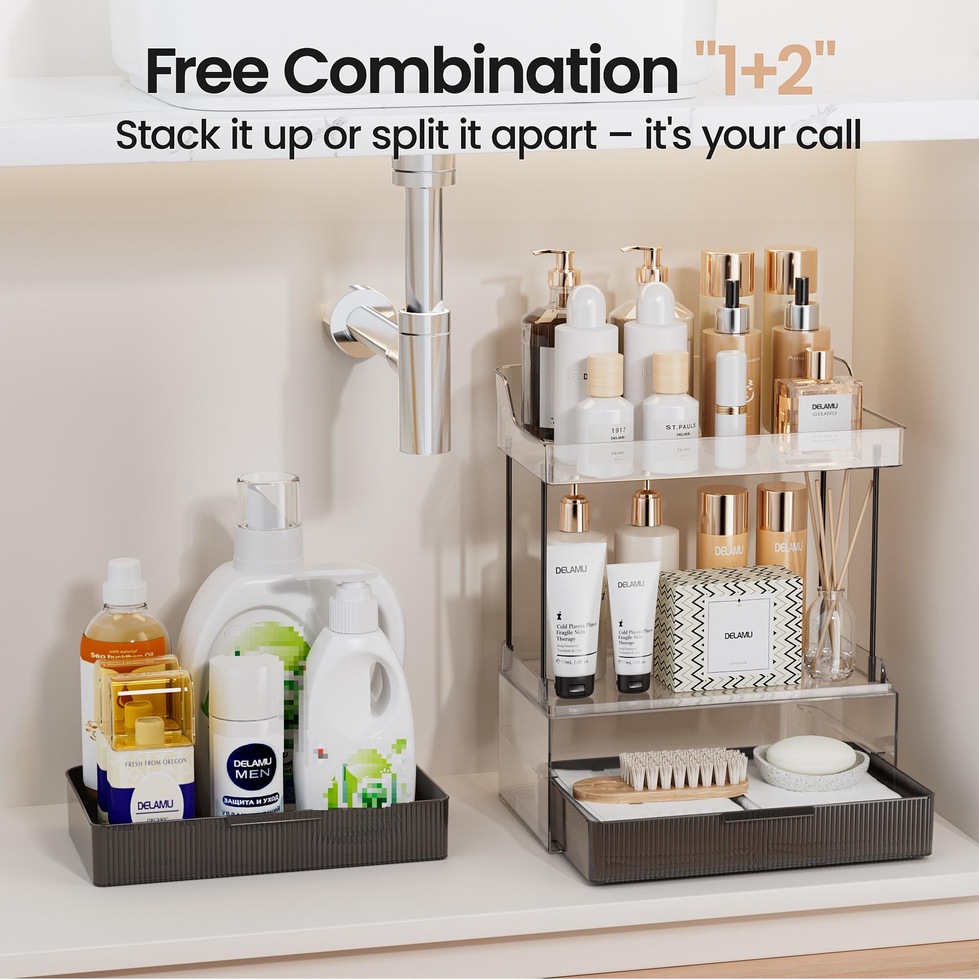 Delamu PET shelf and gold pole detail highlighting sturdy, easy-clean materials