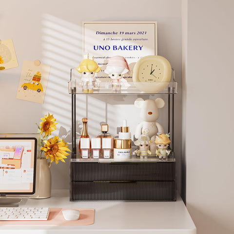 Delamu shelf holding tall skincare bottles to maximize vertical storage