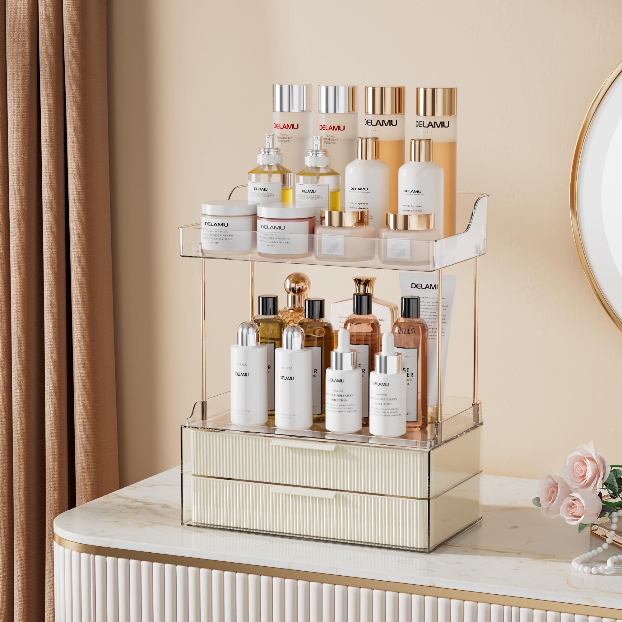 Delamu top shelf holding tall skincare bottles for easy-access benefit