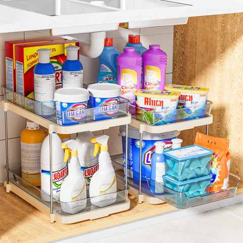 Delamu installed under a sink keeping cleaning supplies visible and accessible