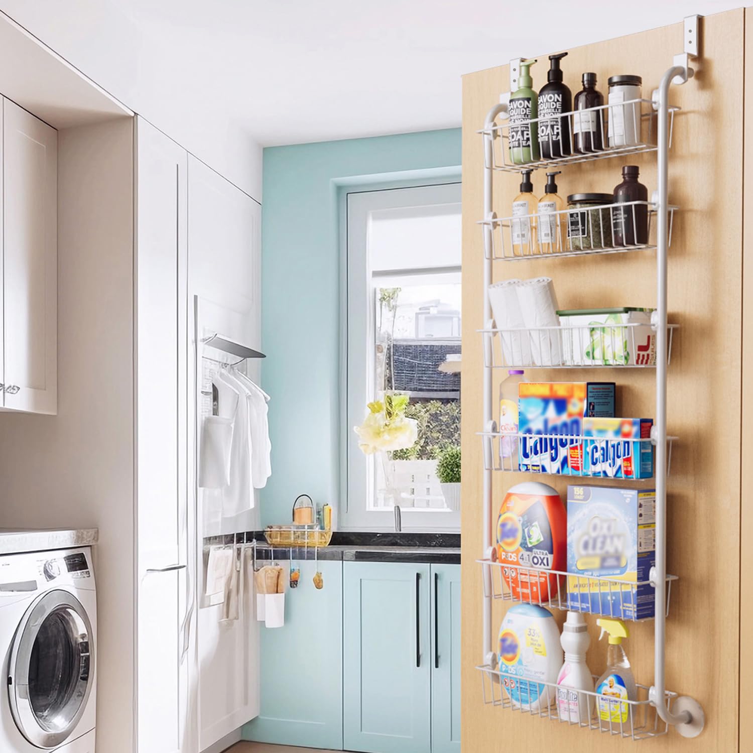 Delamu wall-mounted pantry organizer installed with included screws