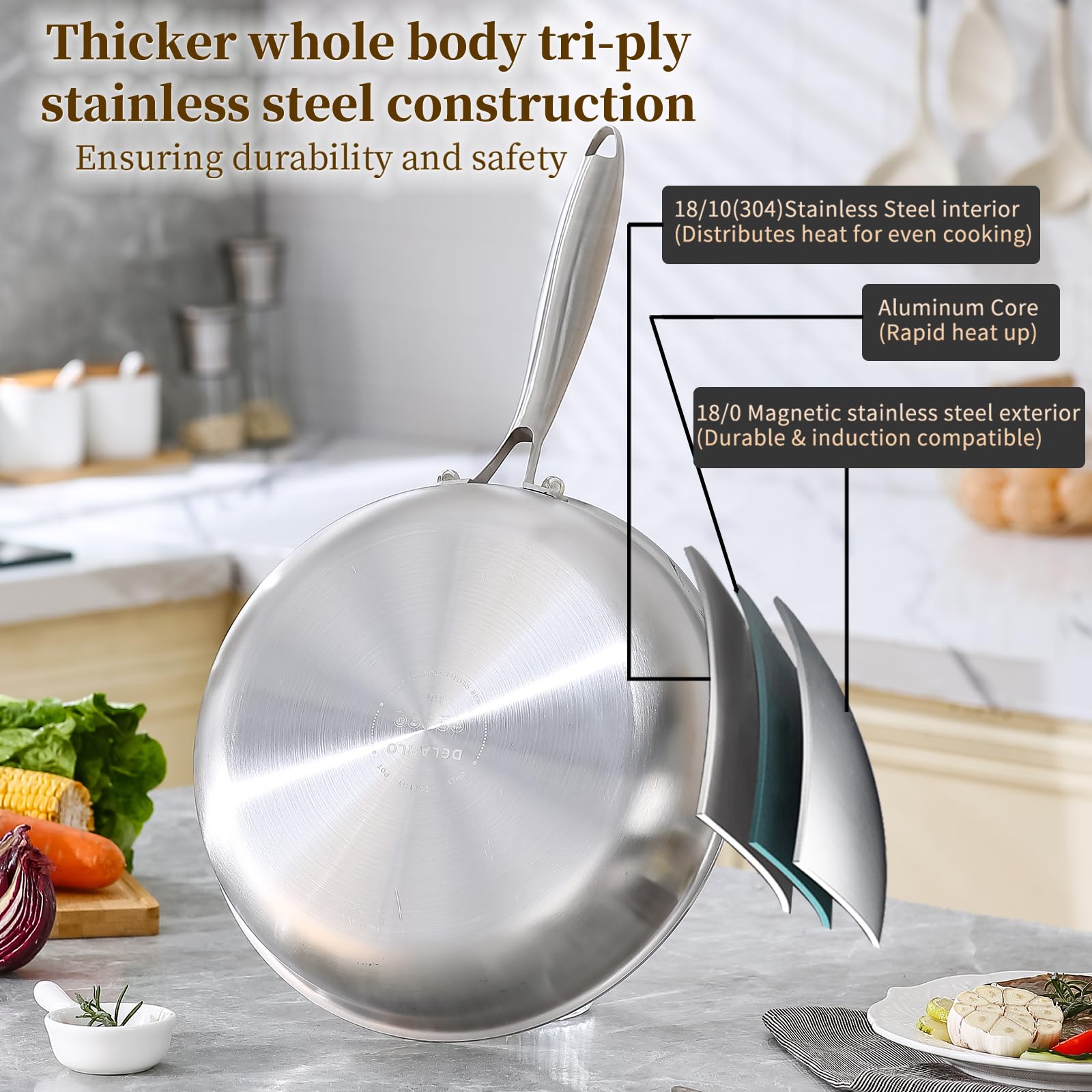 DELARLO close-up of 18/10 stainless cooking surface highlighting non-reactive flavor retention