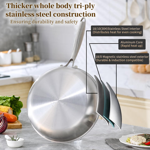 DELARLO close-up of 18/10 stainless cooking surface highlighting non-reactive flavor retention