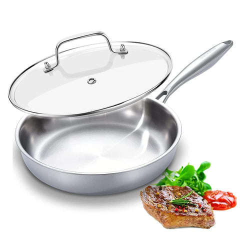 DELARLO 12-inch pan front view showing full cooking area and lid benefit even cooking