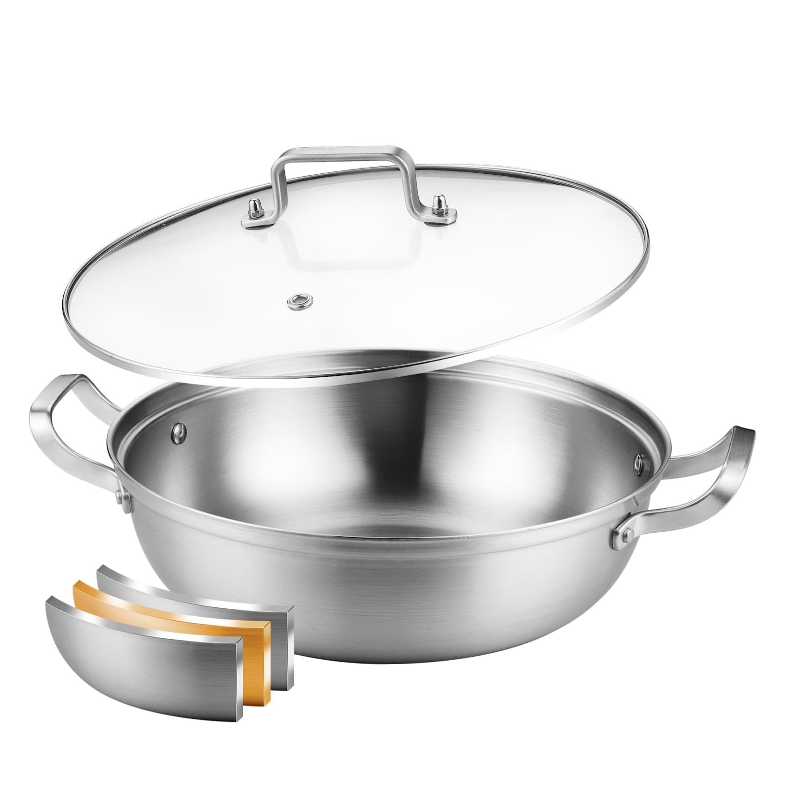 DELARLO front view showing pan and lid, highlights durable construction