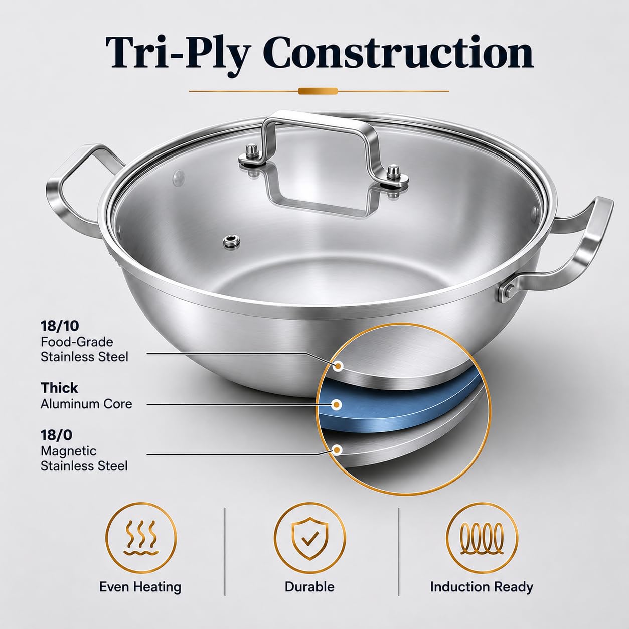 DELARLO glass lid close-up, lets you monitor cooking without losing heat