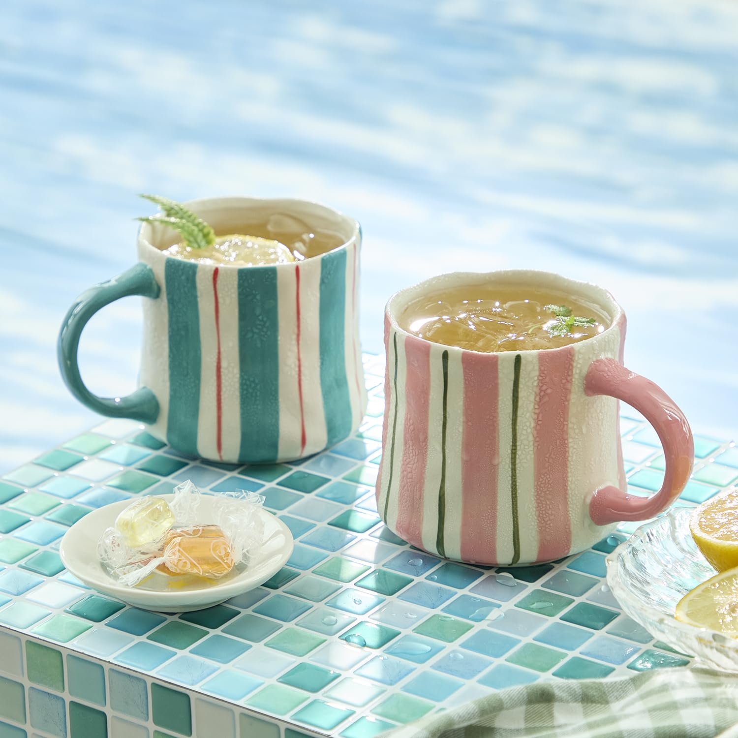 DELIGHTS GALORE front view of pink and green mugs showing striped design and gift appeal