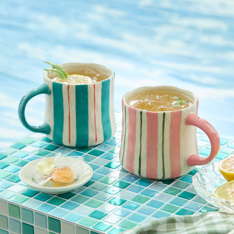 DELIGHTS GALORE front view of pink and green mugs showing striped design and gift appeal