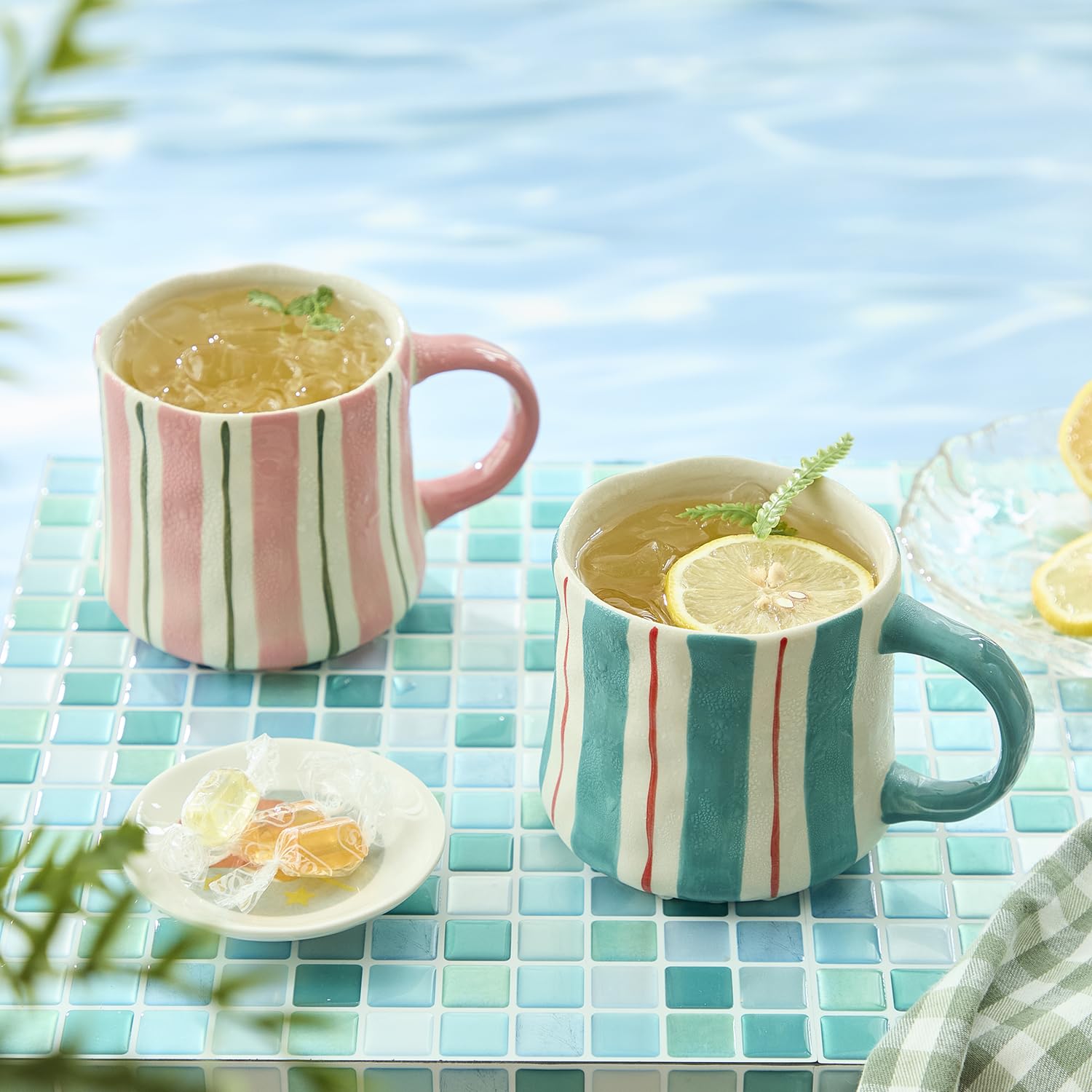 DELIGHTS GALORE mug in use with coffee pour showing heat retention benefit